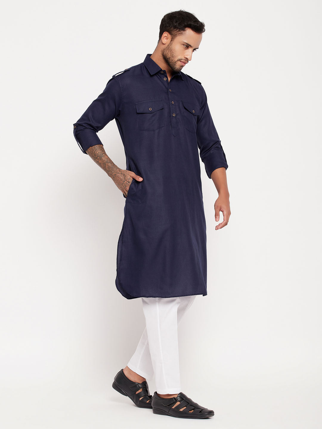 Men's Blue And White Cotton Blend Kurta Pyjama Set