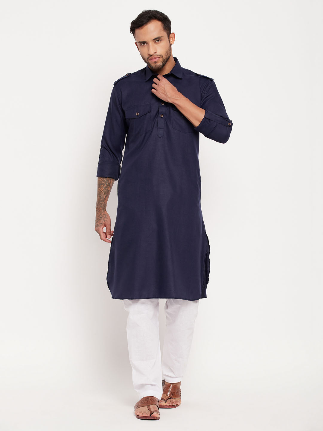 Men's Blue And White Cotton Blend Kurta Pyjama Set