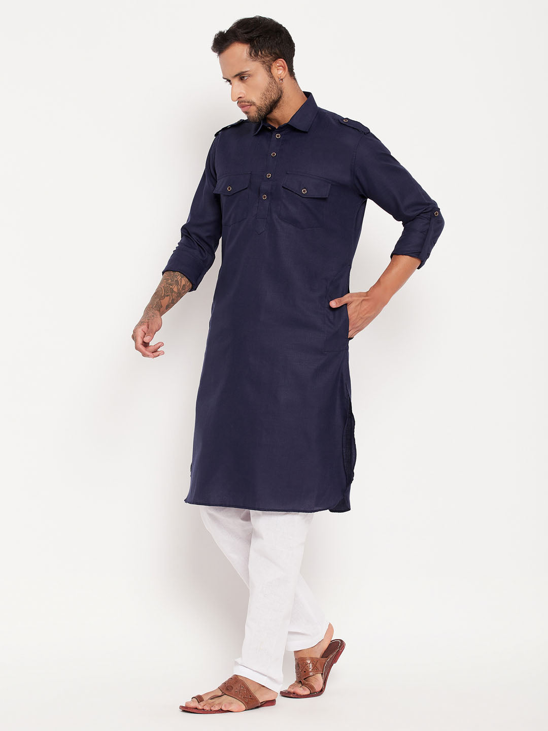 Men's Blue And White Cotton Blend Kurta Pyjama Set