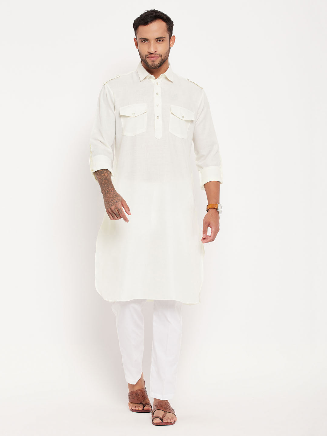 Men's Cream And White Cotton Blend Kurta Pyjama Set