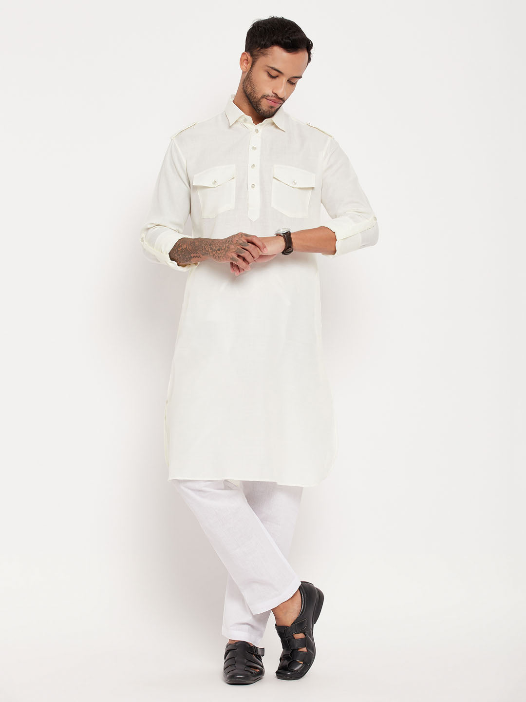 Men's Cream And White Cotton Blend Kurta Pyjama Set