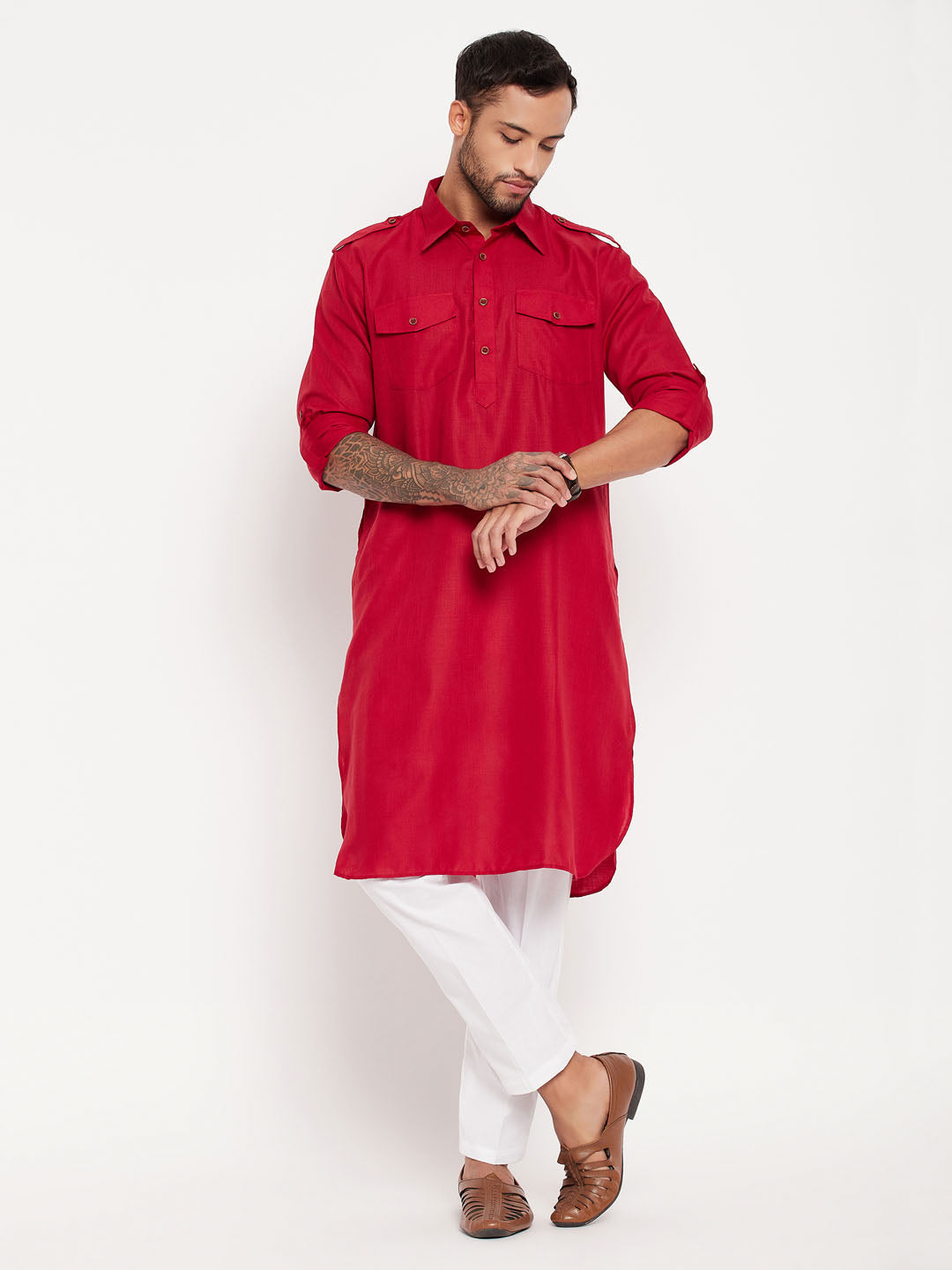 Men's Maroon And White Cotton Blend Kurta Pyjama Set