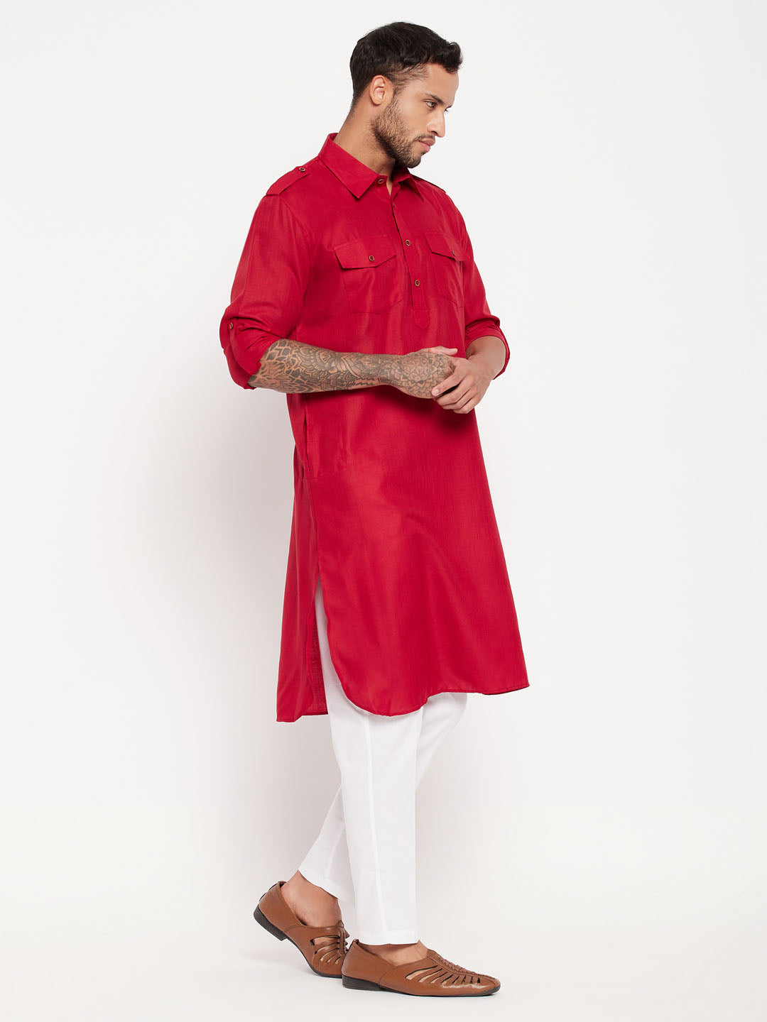 Men's Maroon And White Cotton Blend Kurta Pyjama Set