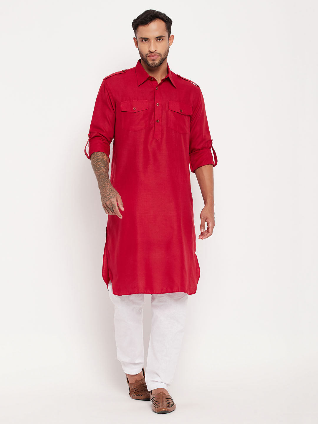 Men's Maroon And White Cotton Blend Kurta Pyjama Set