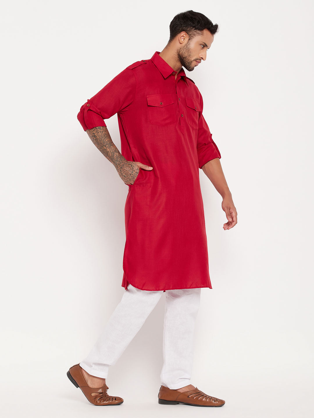 Men's Maroon And White Cotton Blend Kurta Pyjama Set