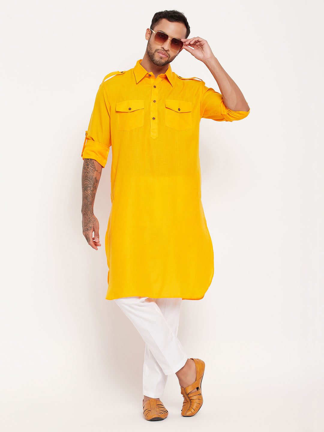 Men's Mustard And White Cotton Blend Kurta Pyjama Set