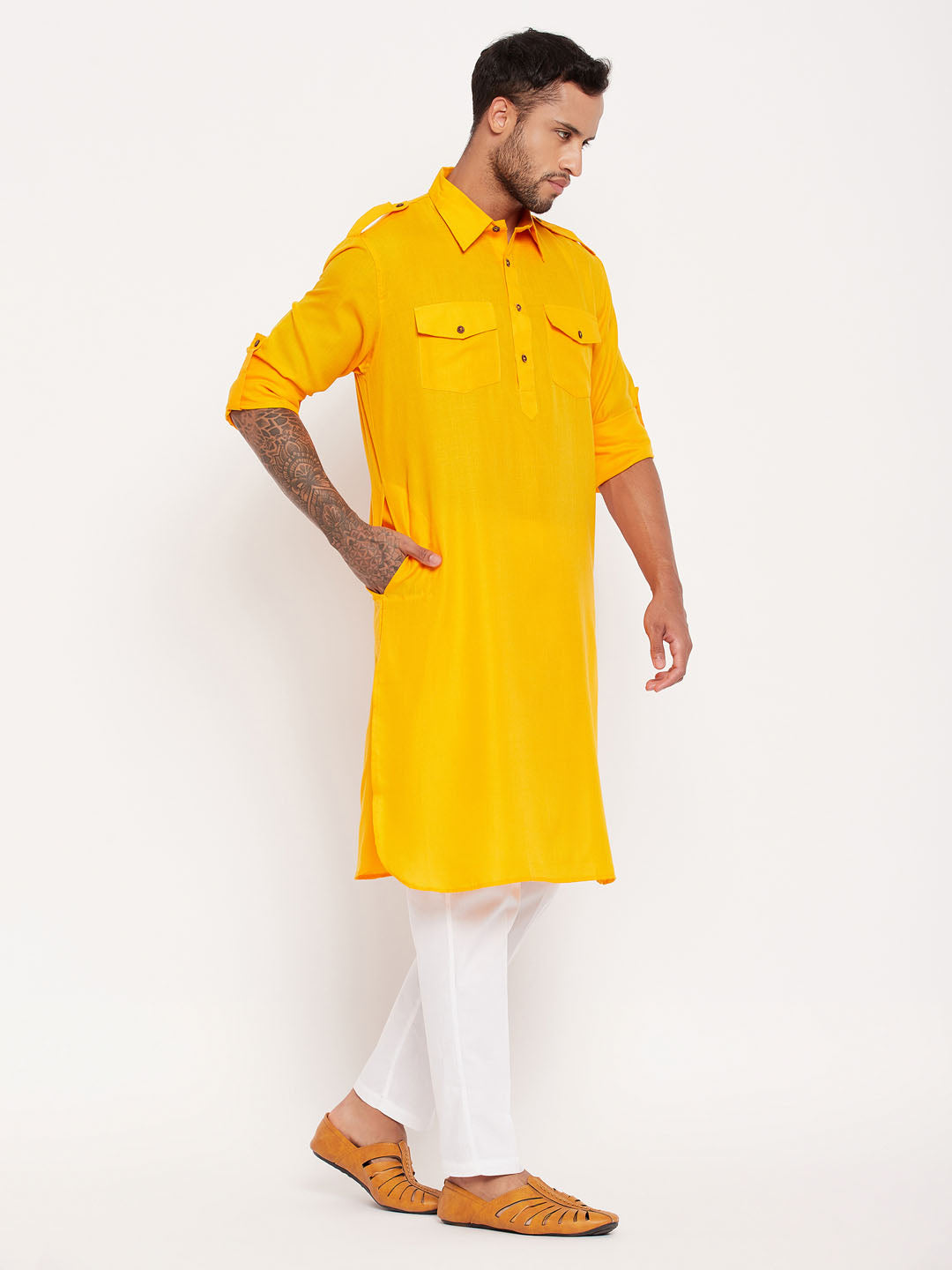 Men's Mustard And White Cotton Blend Kurta Pyjama Set