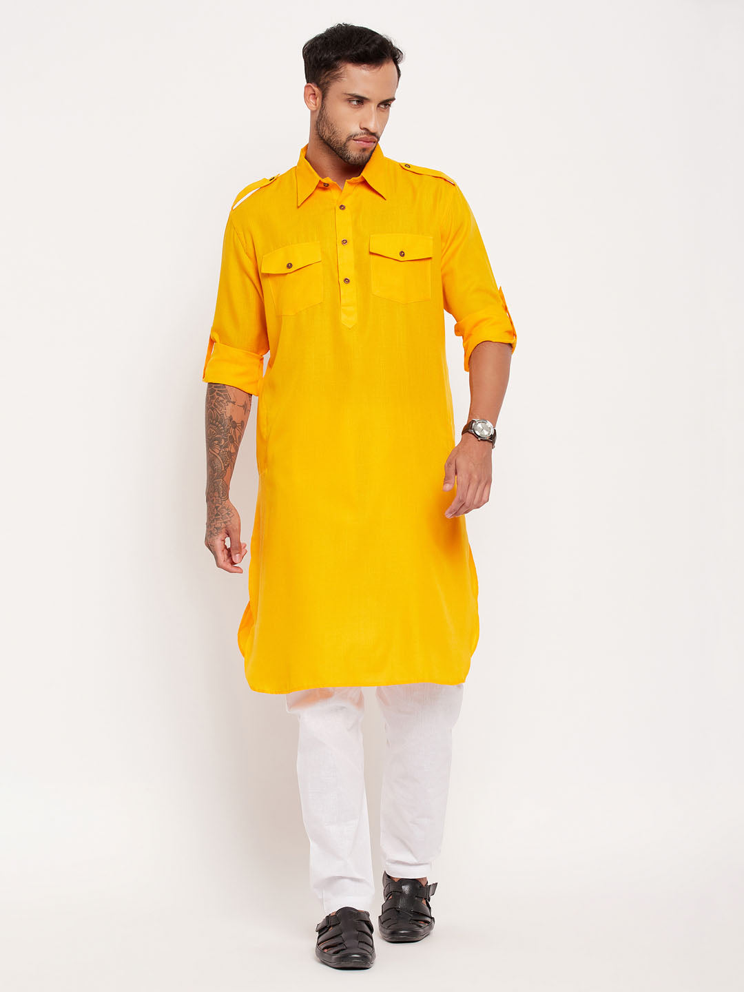 Men's Mustard And White Cotton Blend Kurta Pyjama Set