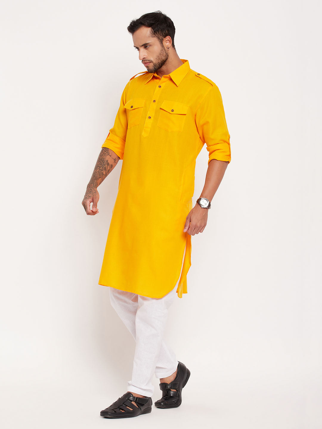 Men's Mustard And White Cotton Blend Kurta Pyjama Set