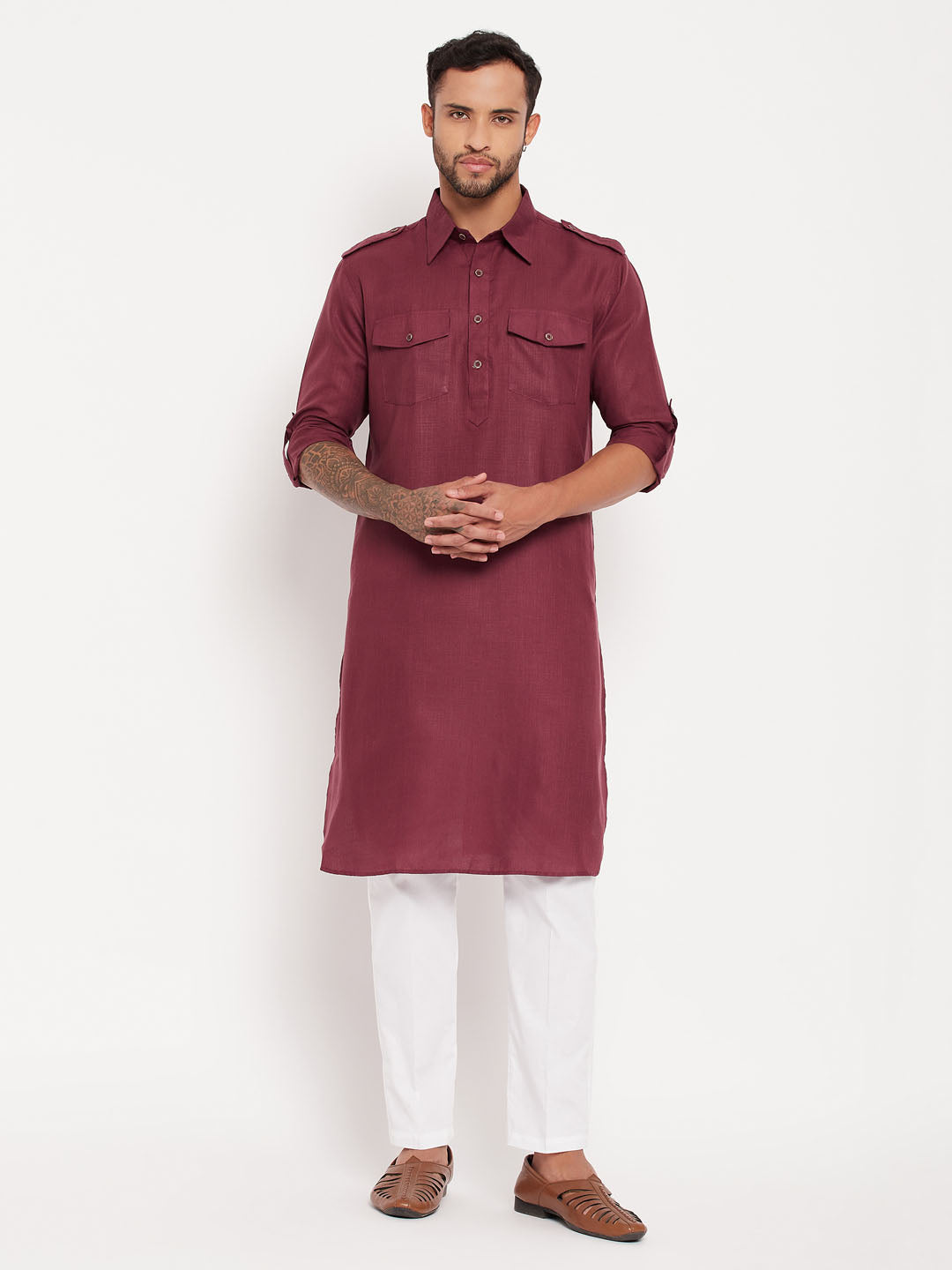 Men's Purple And White Cotton Blend Kurta Pyjama Set