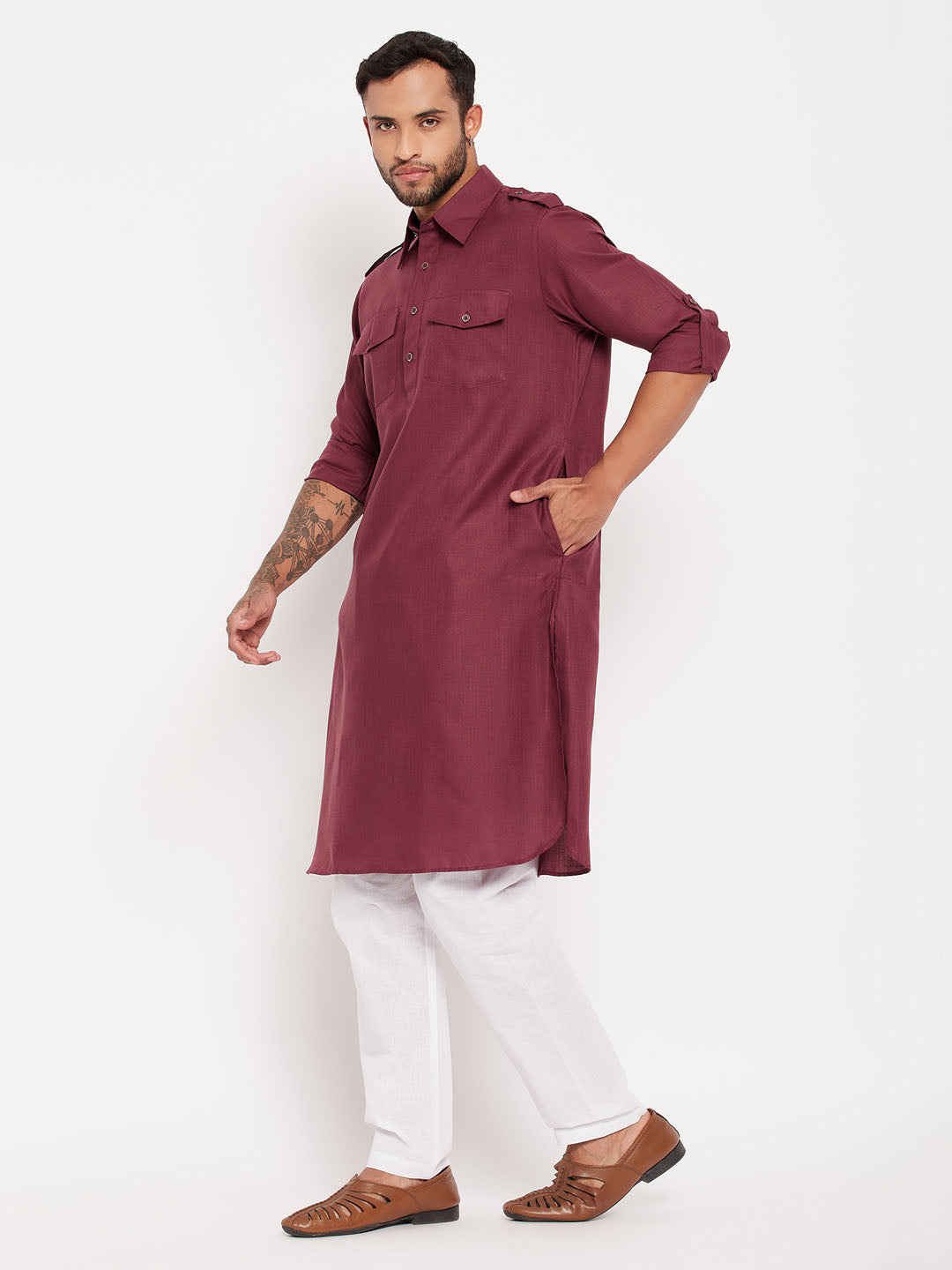 Men's Purple And White Cotton Blend Kurta Pyjama Set