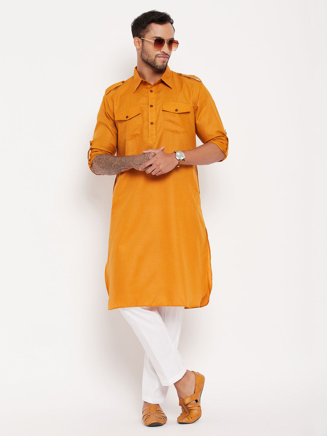 Men's Rust And White Cotton Blend Kurta Pyjama Set