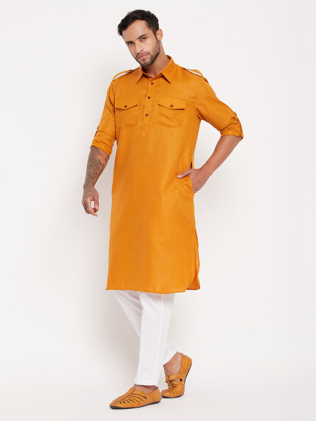 Men's Rust And White Cotton Blend Kurta Pyjama Set