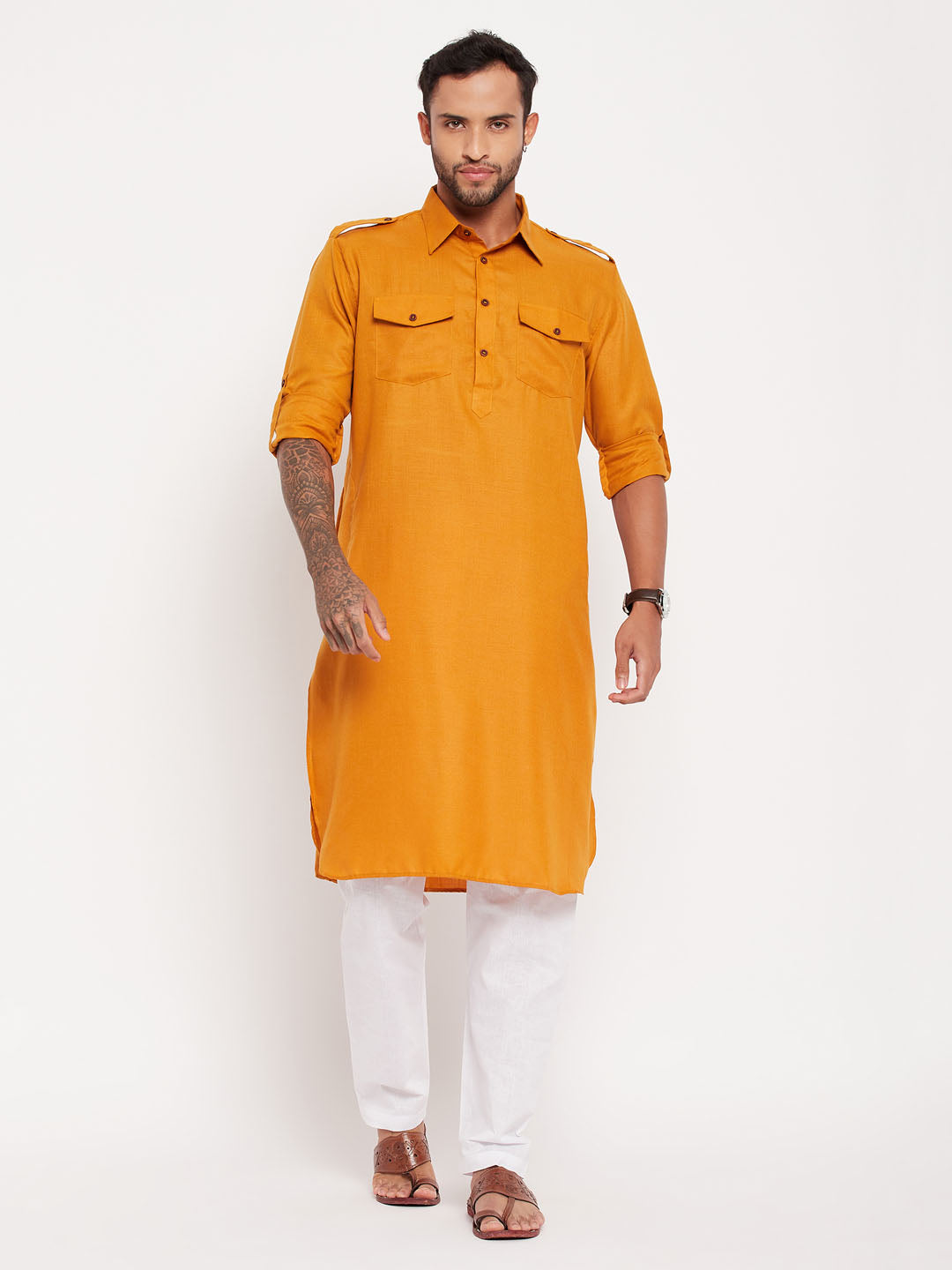 Men's Rust And White Cotton Blend Kurta Pyjama Set