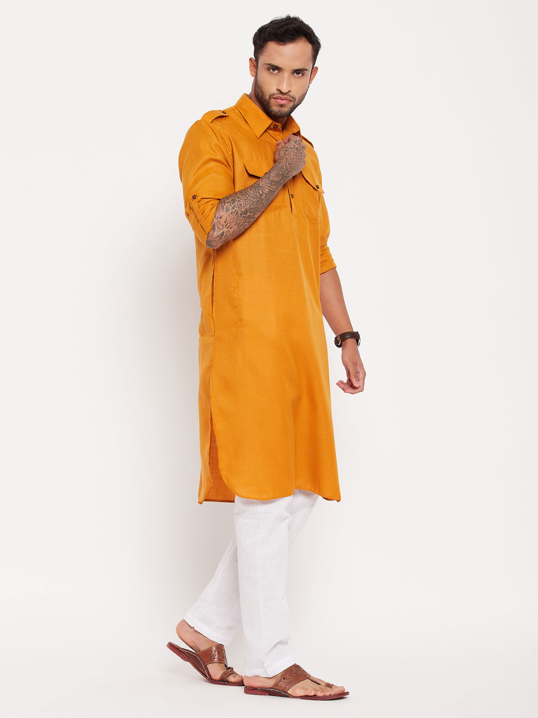 Men's Rust And White Cotton Blend Kurta Pyjama Set