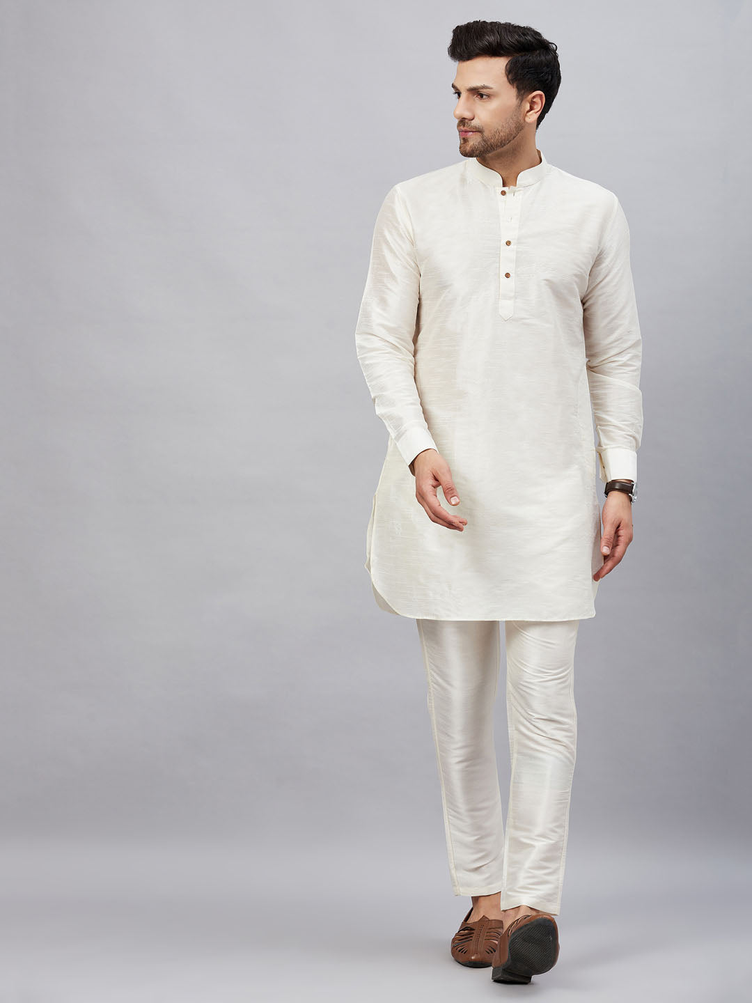 Men's Cream And Cream Cotton Blend Kurta Pyjama Set