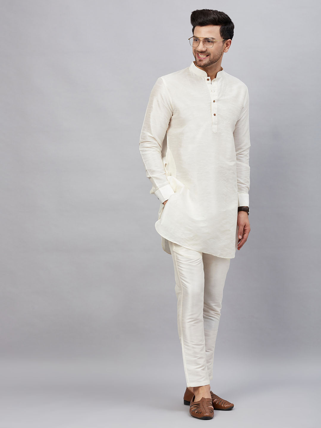 Men's Cream And Cream Cotton Blend Kurta Pyjama Set