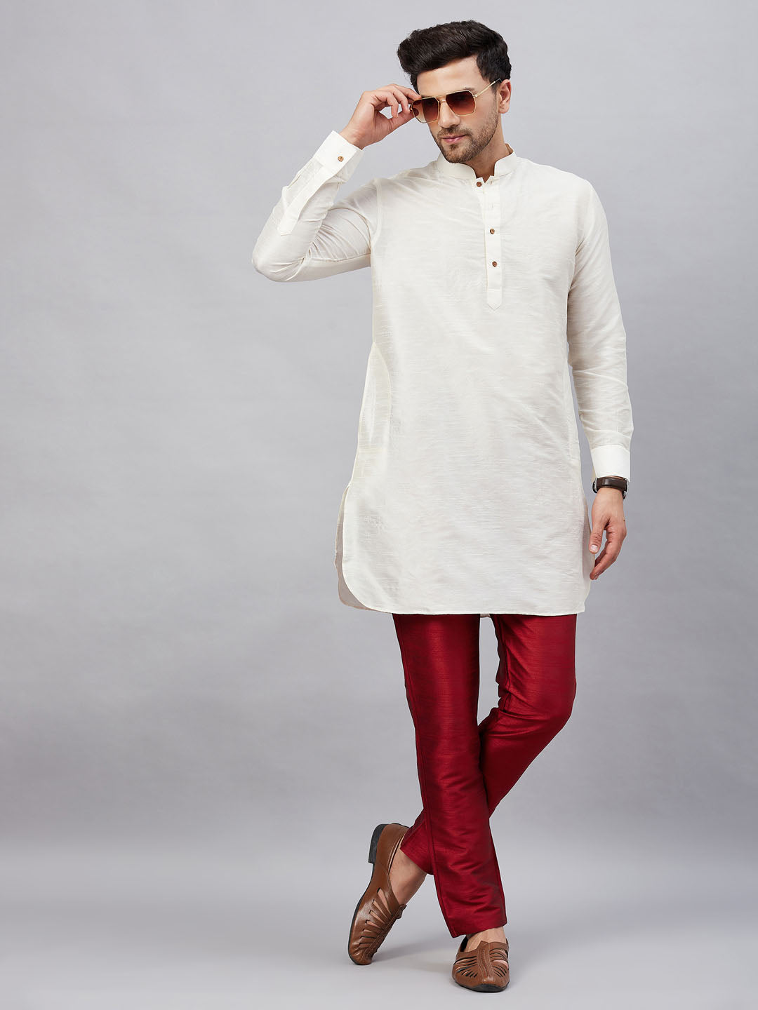 Men's Cream And Maroon Cotton Blend Kurta Pyjama Set