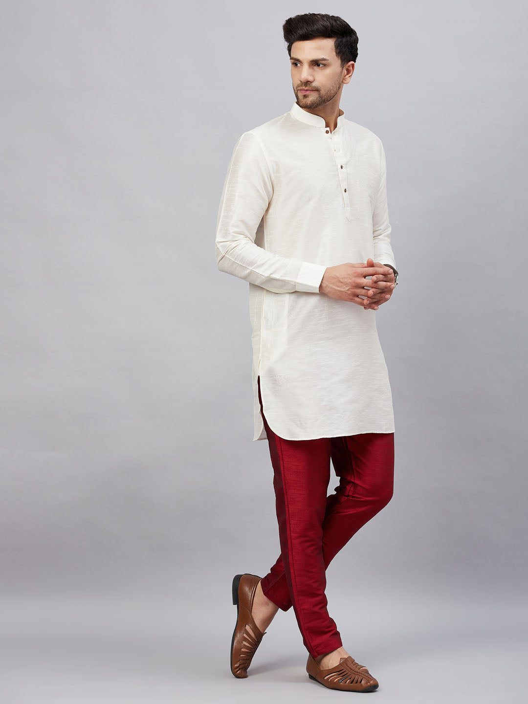 Men's Cream And Maroon Cotton Blend Kurta Pyjama Set