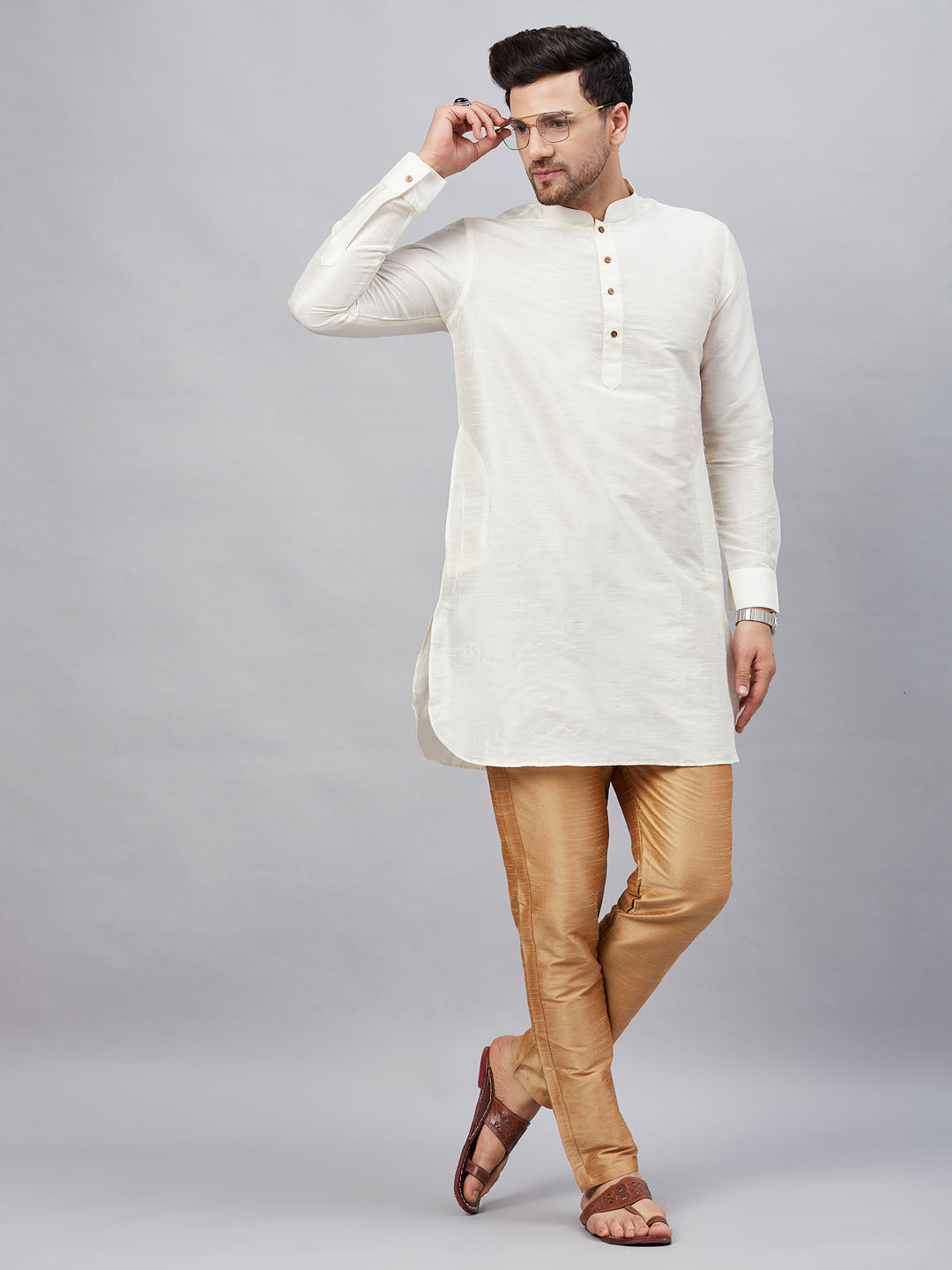 Men's Cream And Rose Gold Cotton Blend Kurta Pyjama Set