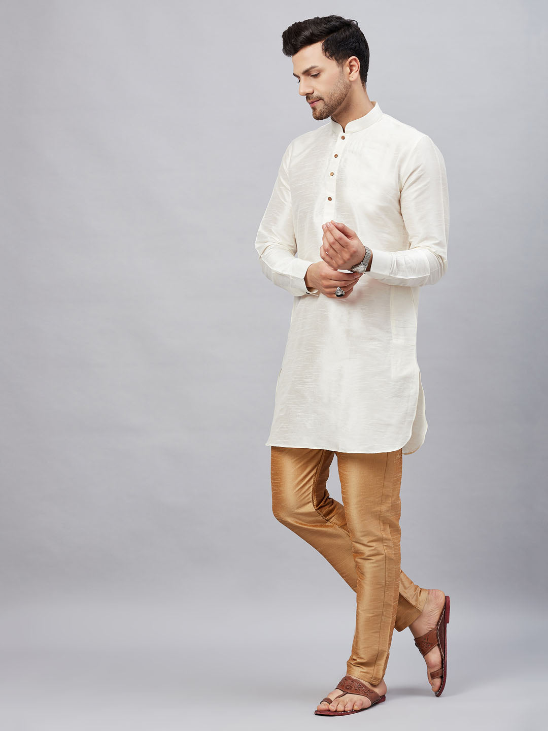 Men's Cream And Rose Gold Cotton Blend Kurta Pyjama Set