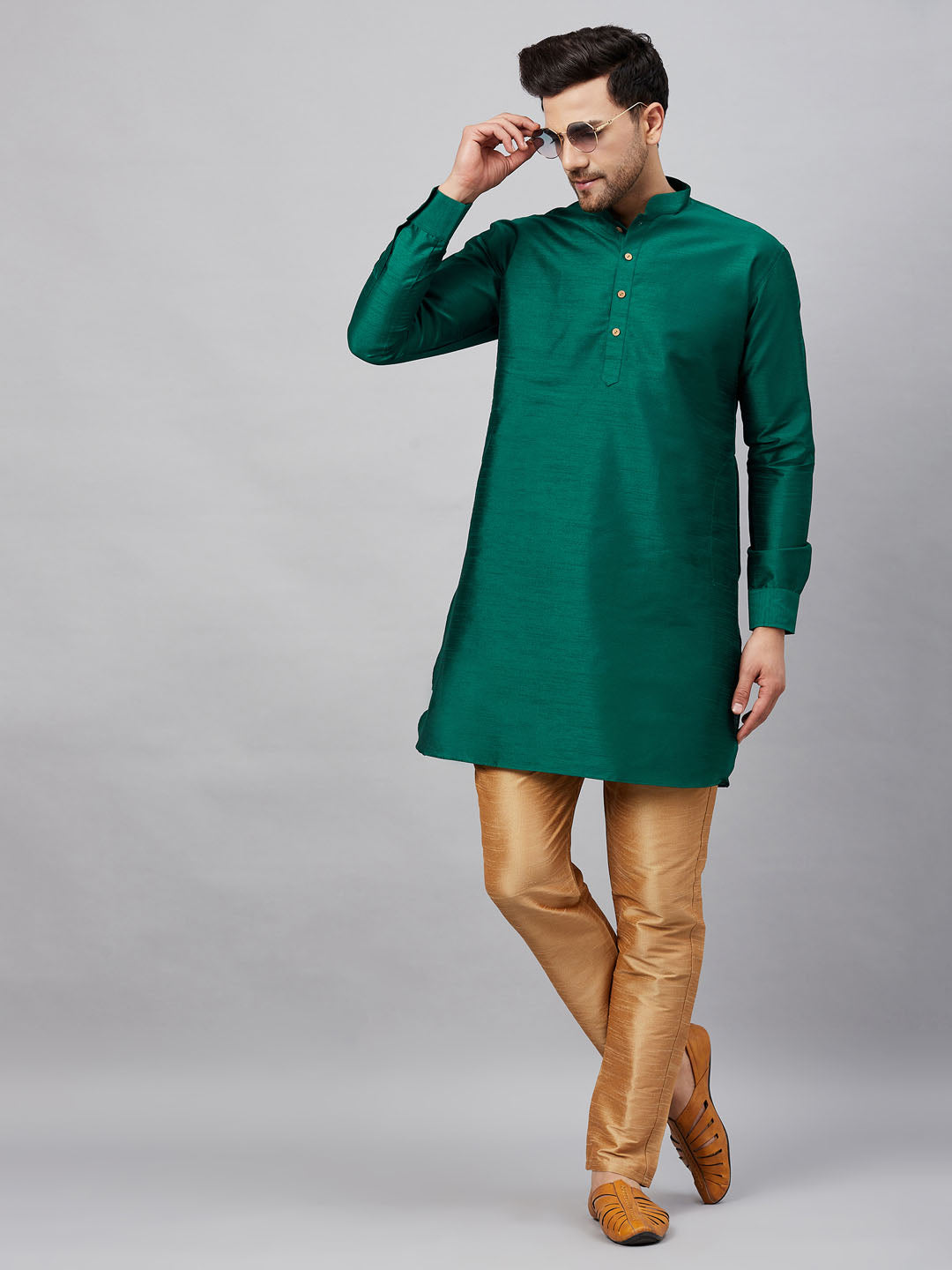 Men's Green And Rose Gold Cotton Blend Kurta Pyjama Set