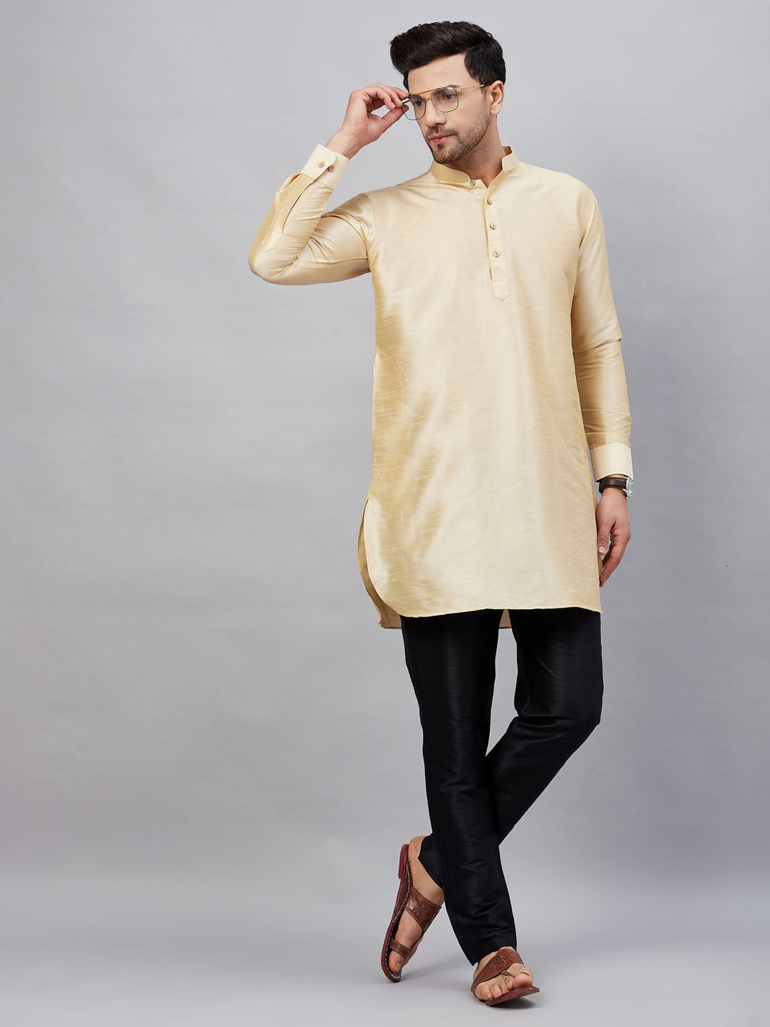 Men's Gold And Black Cotton Blend Kurta Pyjama Set