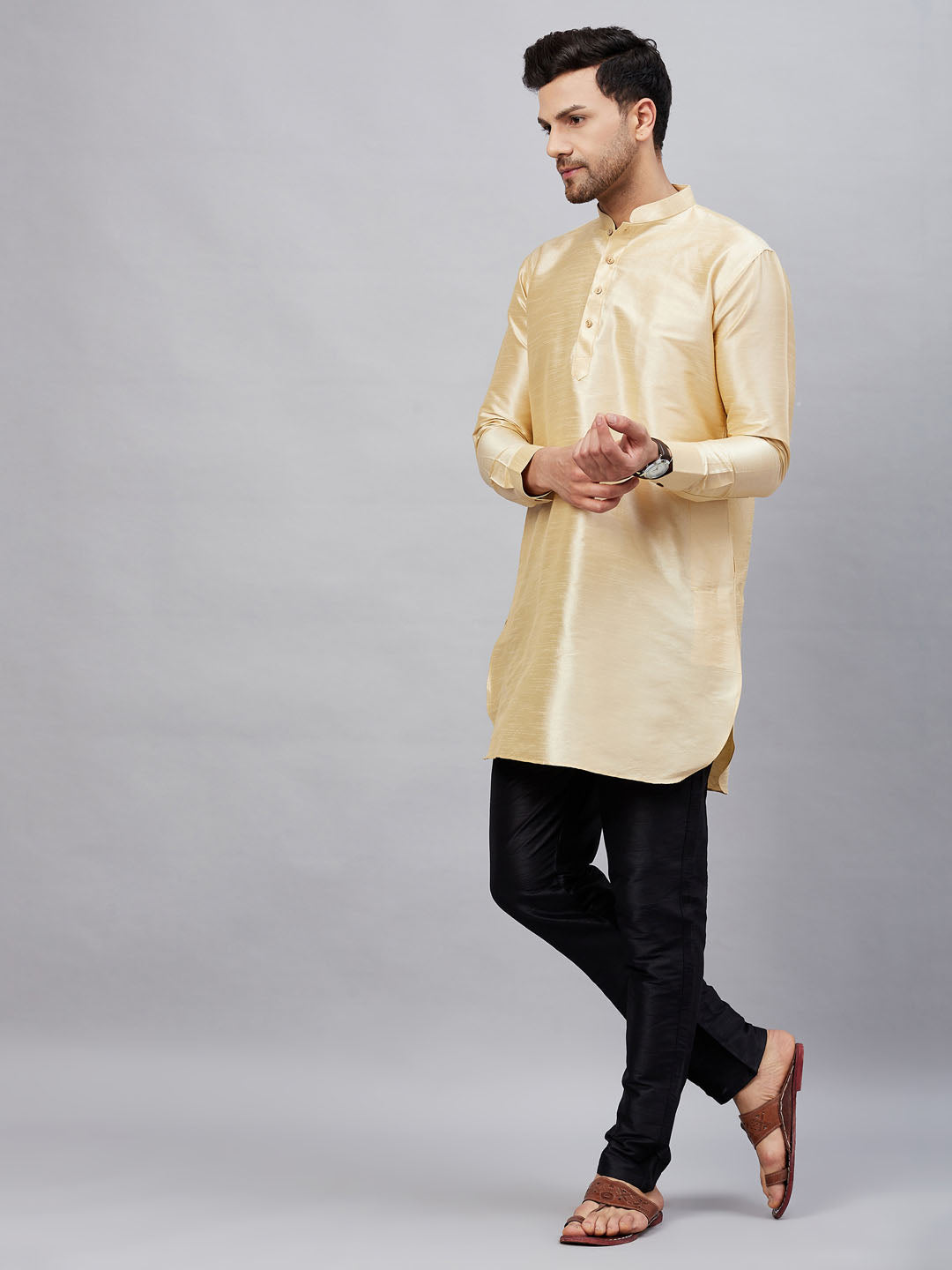 Men's Gold And Black Cotton Blend Kurta Pyjama Set