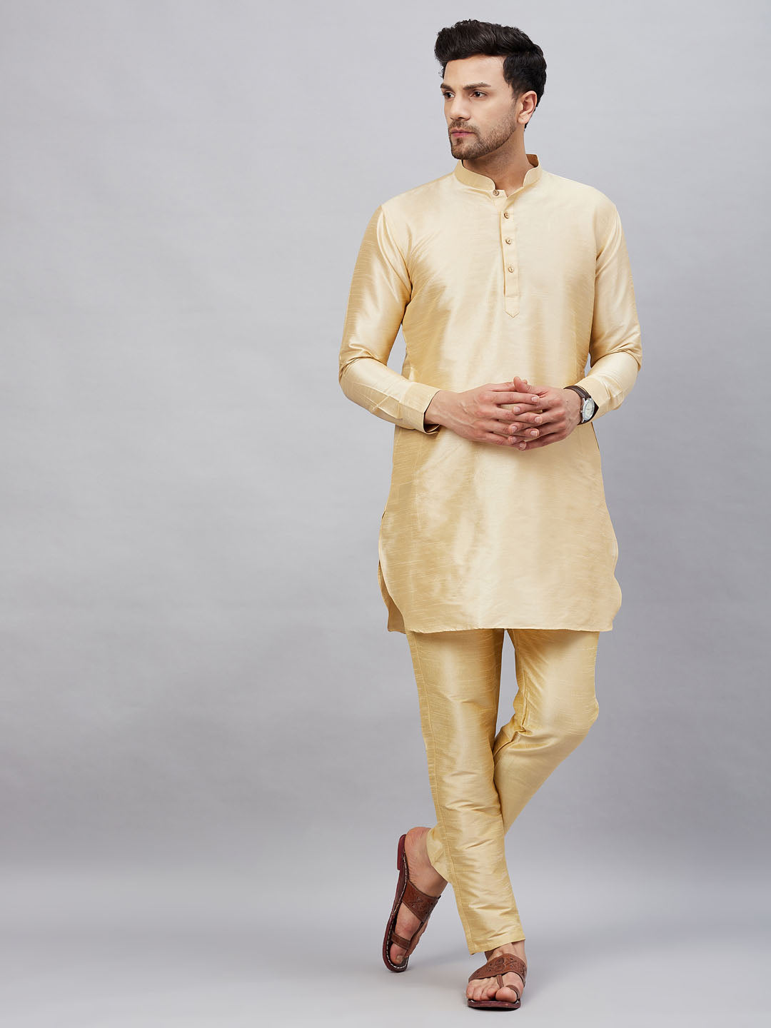 Men's Gold And Gold Cotton Blend Kurta Pyjama Set