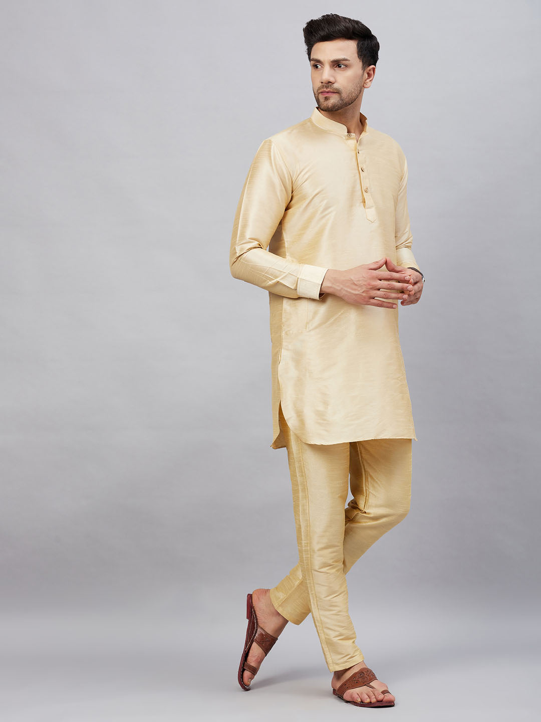 Men's Gold And Gold Cotton Blend Kurta Pyjama Set