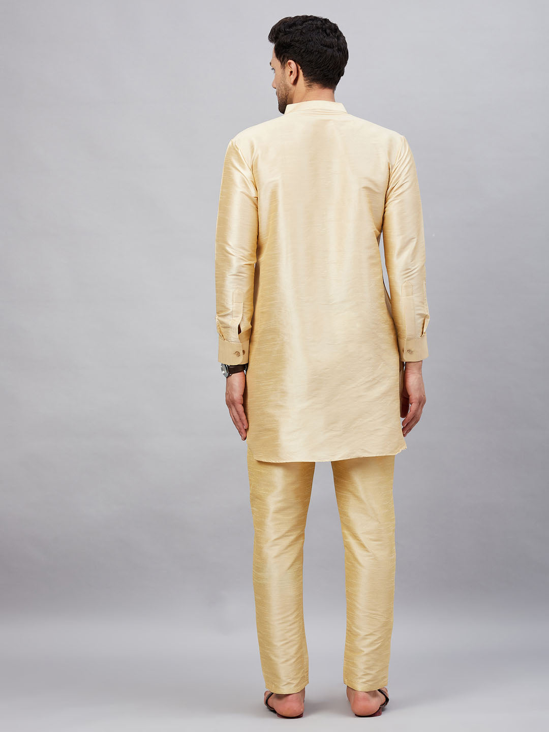 Men's Gold And Gold Cotton Blend Kurta Pyjama Set