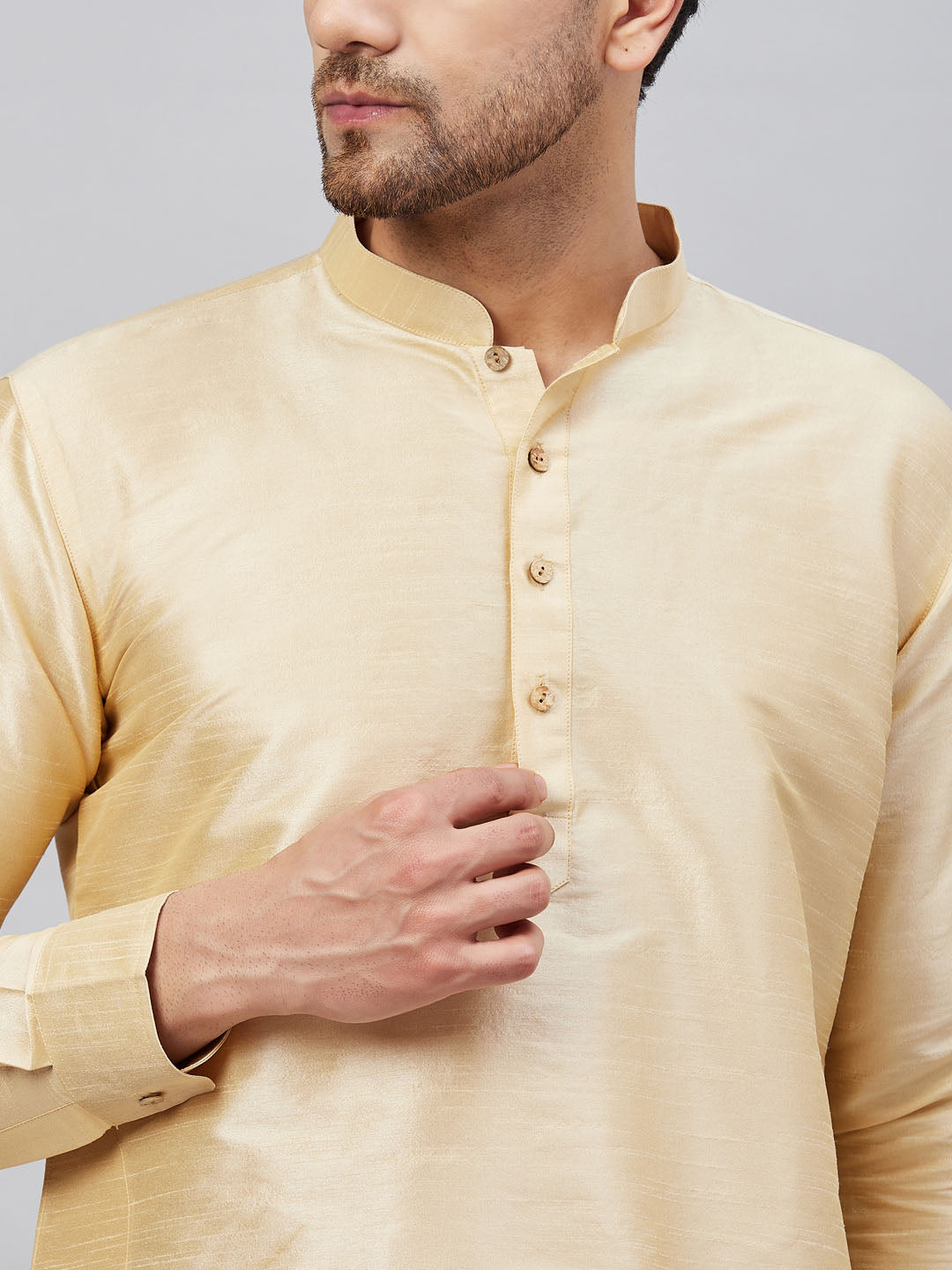 Men's Gold And Gold Cotton Blend Kurta Pyjama Set