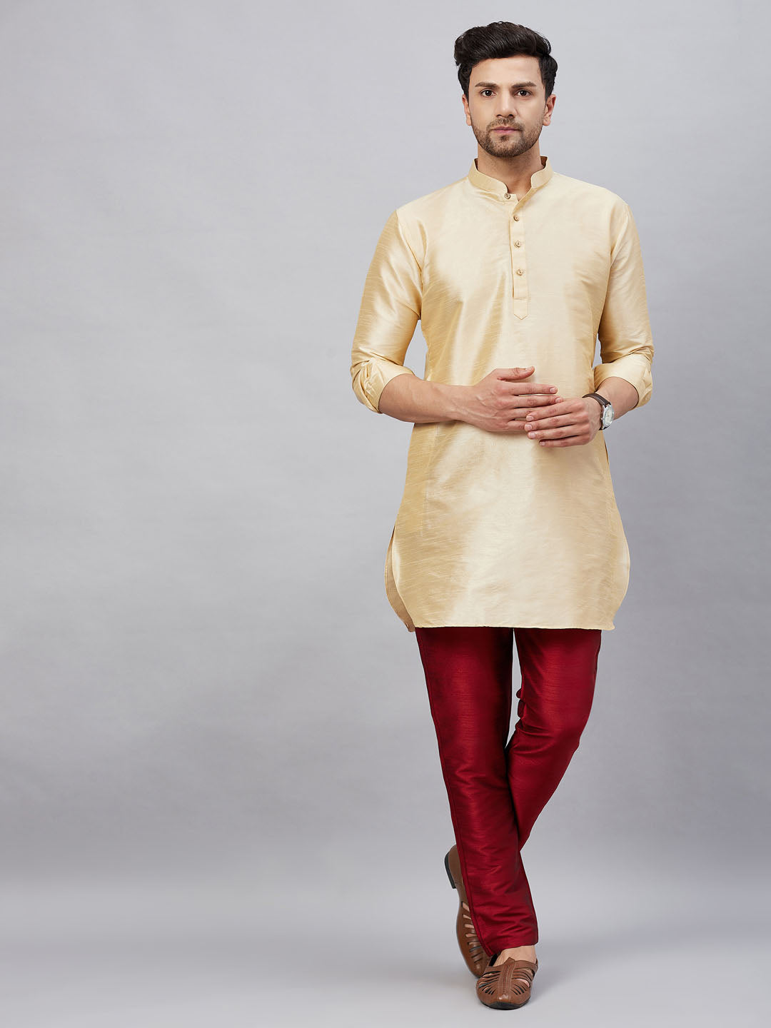 Men's Gold And Maroon Cotton Blend Kurta Pyjama Set