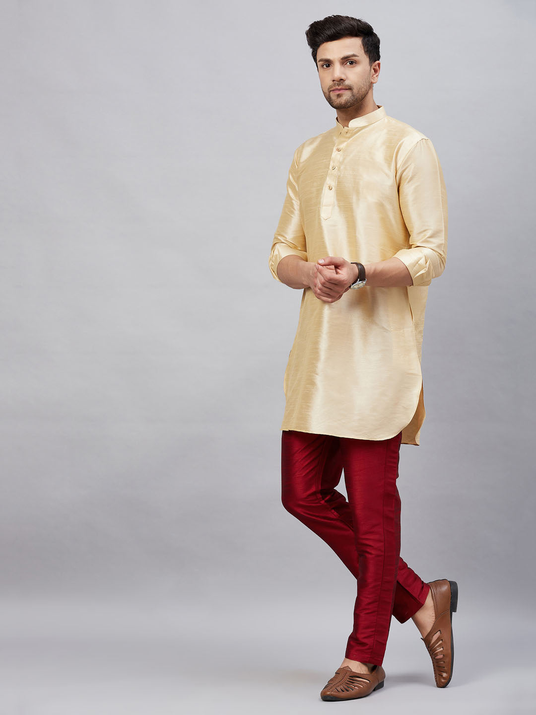 Men's Gold And Maroon Cotton Blend Kurta Pyjama Set