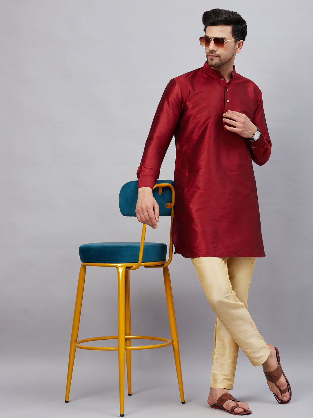 Men's Maroon And Gold Cotton Blend Kurta Pyjama Set