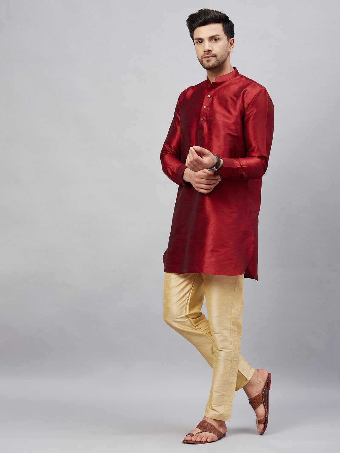 Men's Maroon And Gold Cotton Blend Kurta Pyjama Set