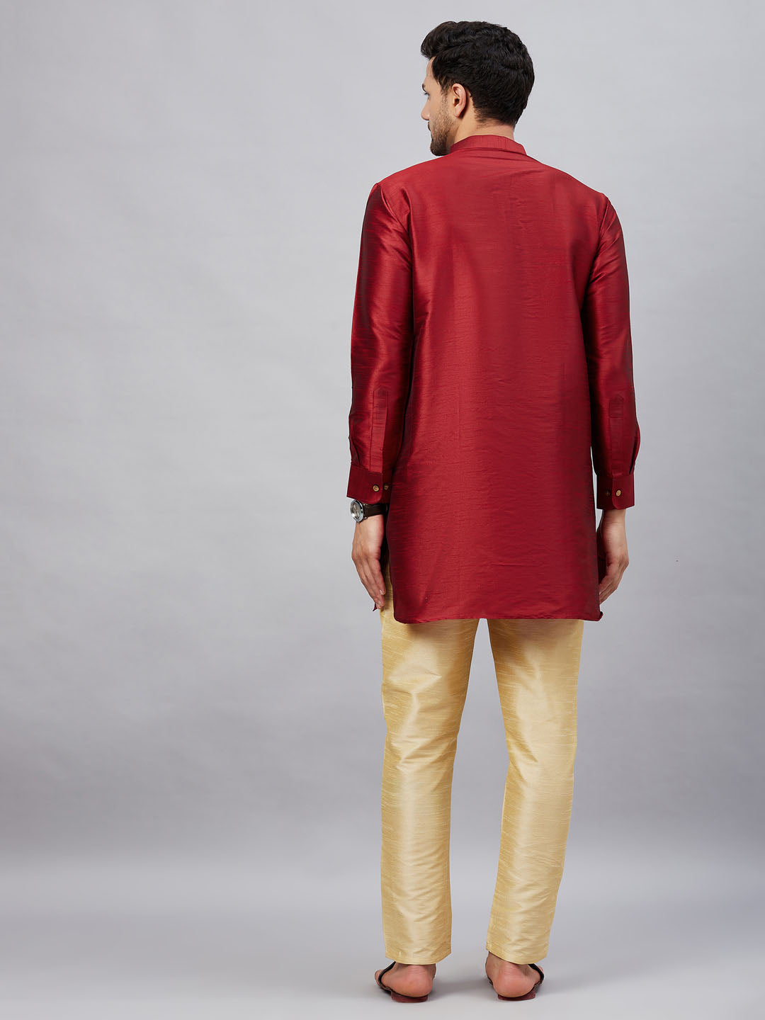 Men's Maroon And Gold Cotton Blend Kurta Pyjama Set