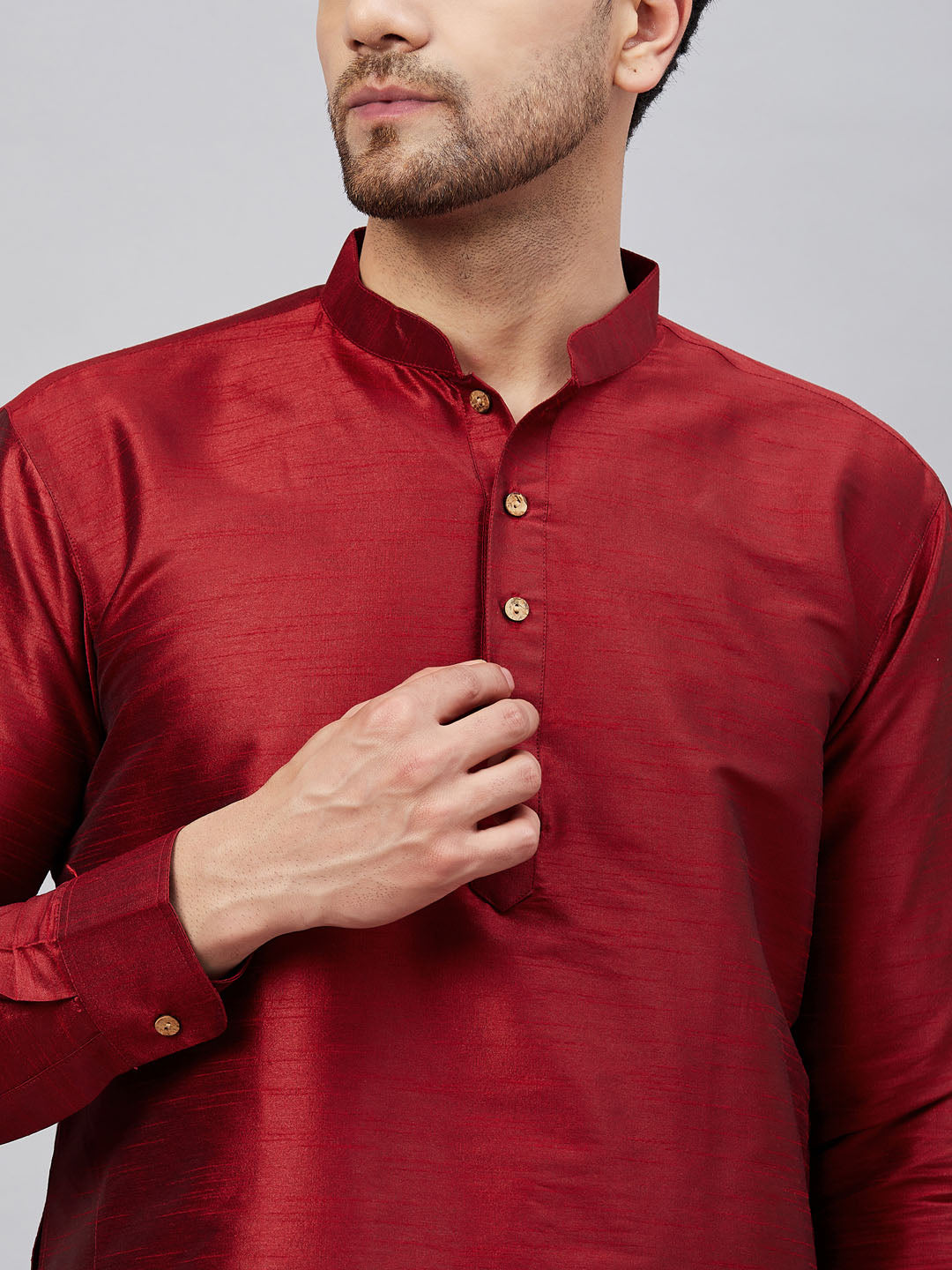 Men's Maroon And Gold Cotton Blend Kurta Pyjama Set