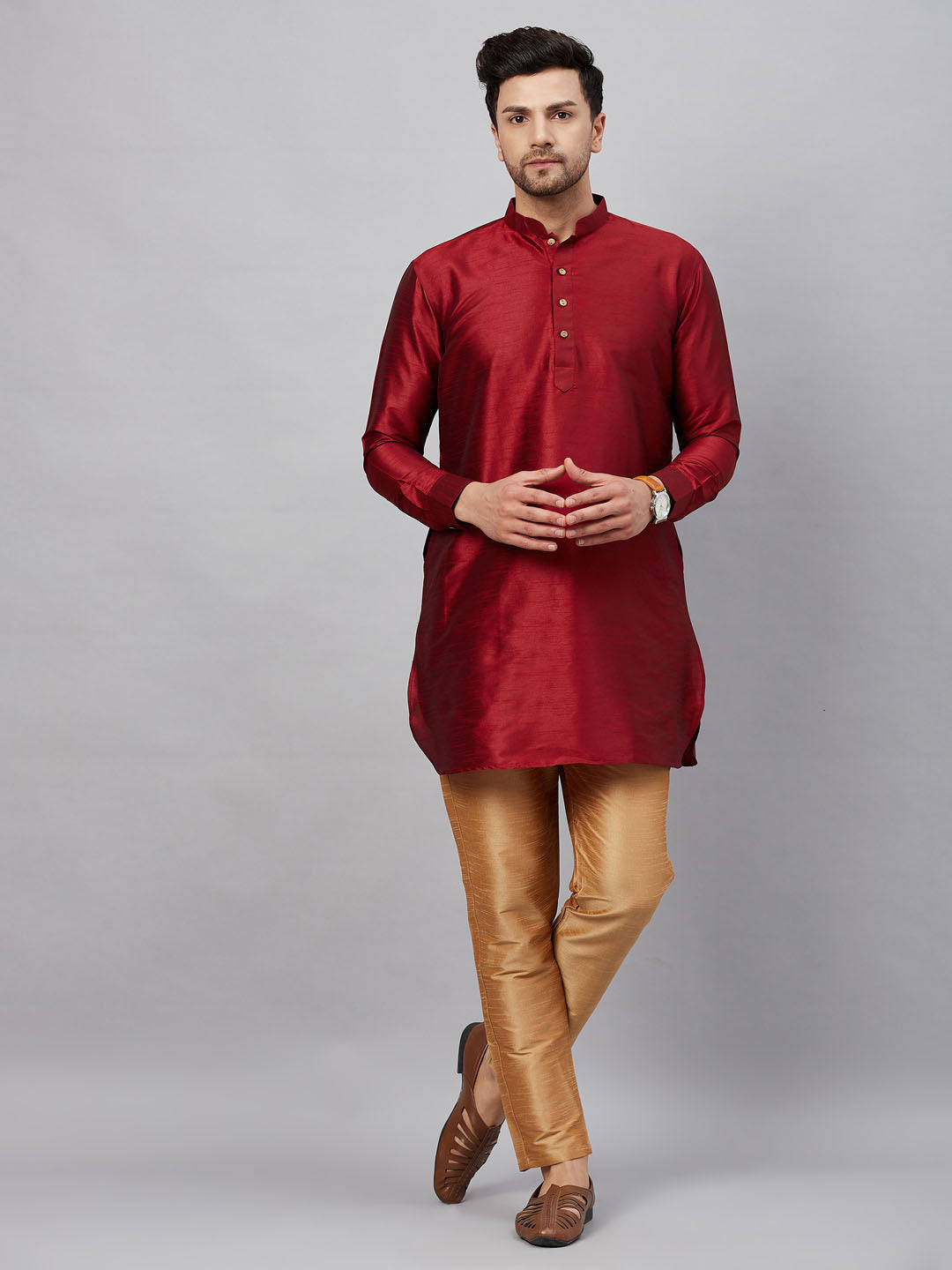 Men's Maroon And Rose Gold Cotton Blend Kurta Pyjama Set