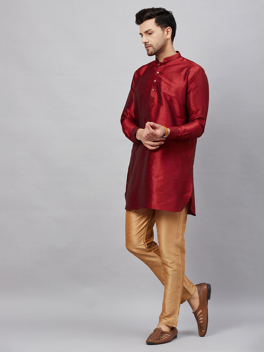 Men's Maroon And Rose Gold Cotton Blend Kurta Pyjama Set