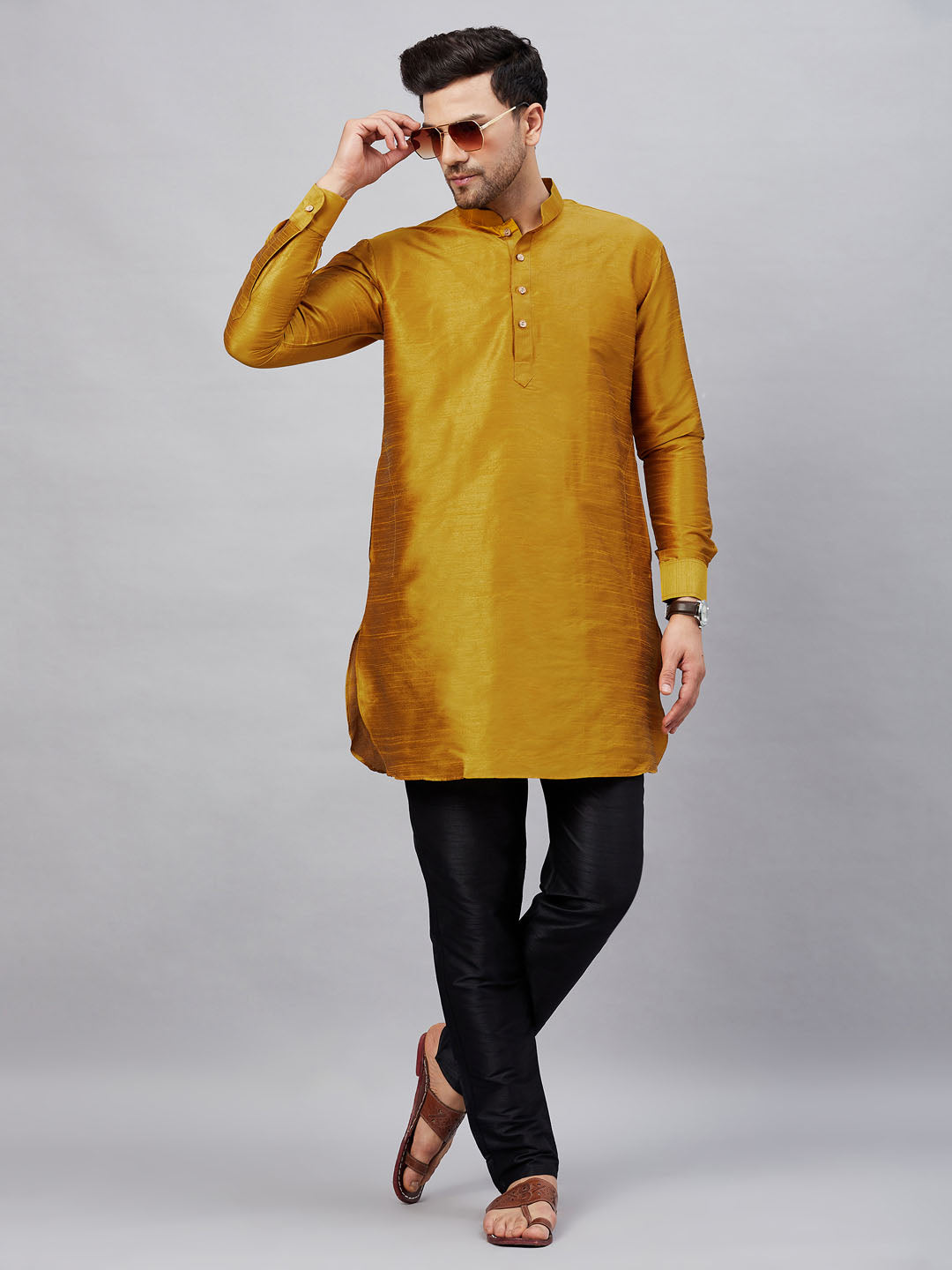 Men's Mustard And Black Cotton Blend Kurta Pyjama Set