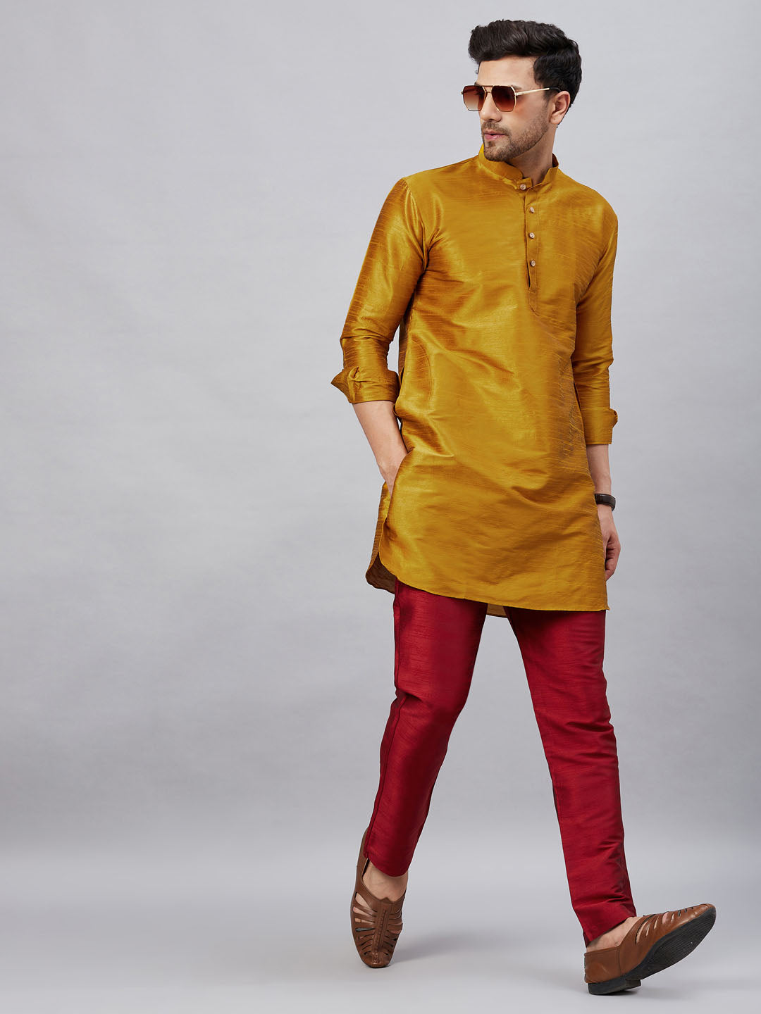 Men's Mustard And Maroon Cotton Blend Kurta Pyjama Set