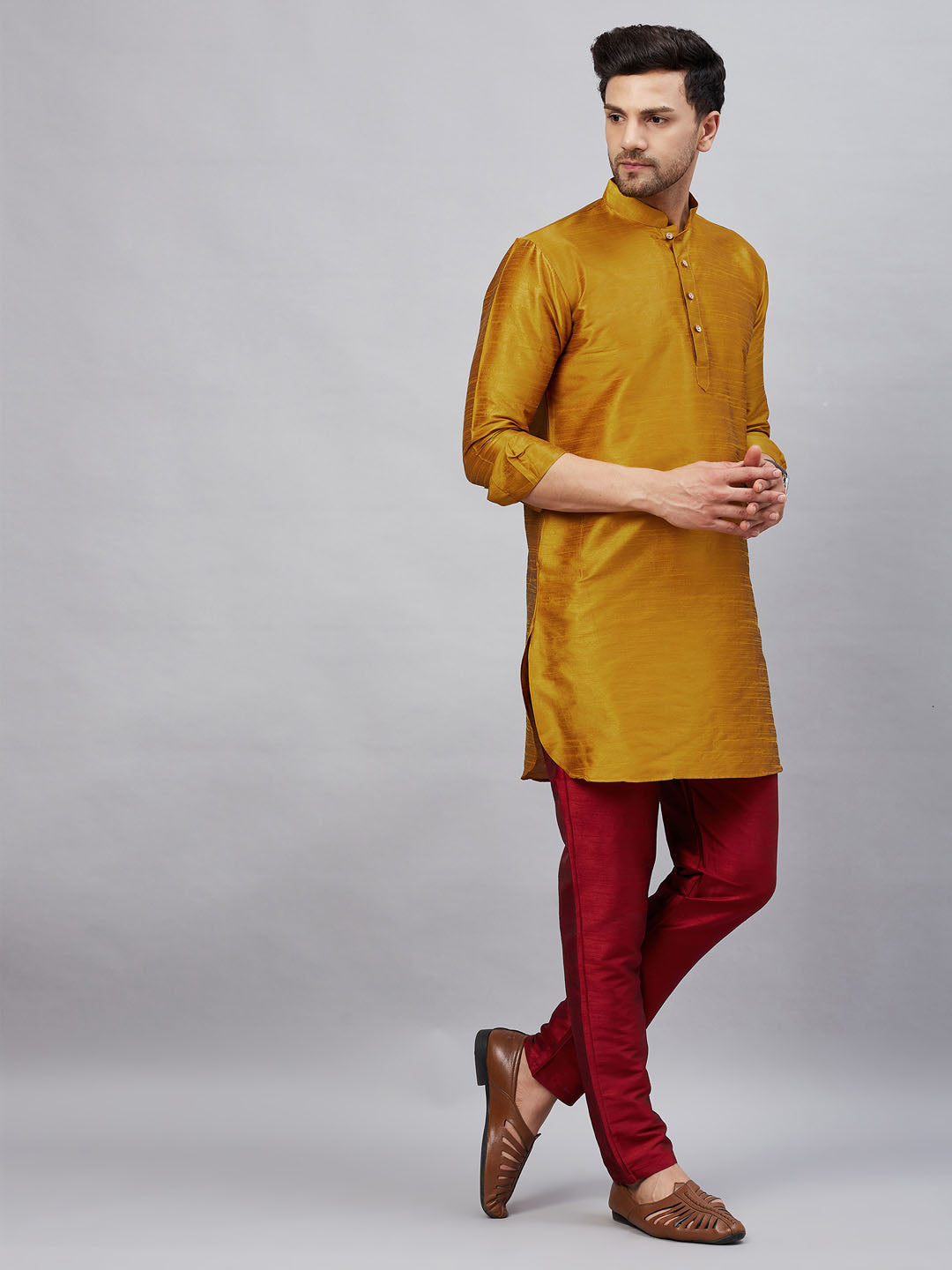 Men's Mustard And Maroon Cotton Blend Kurta Pyjama Set