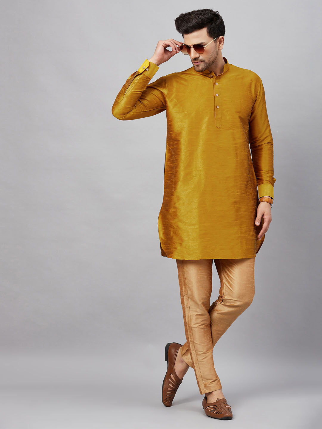 Men's Mustard And Rose Gold Cotton Blend Kurta Pyjama Set