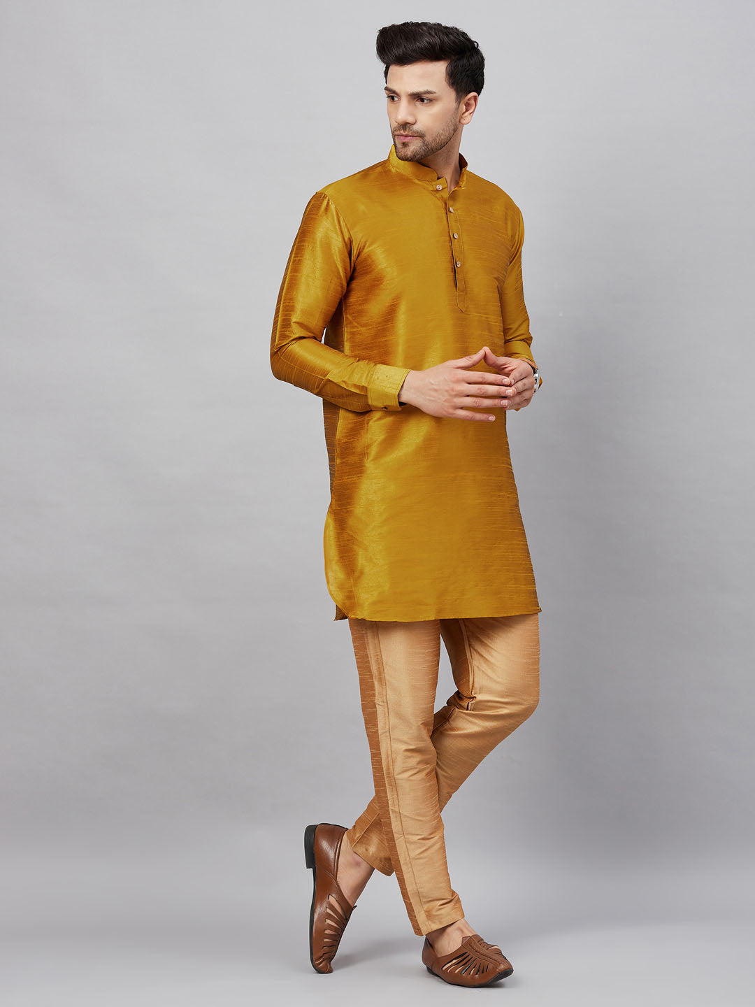 Men's Mustard And Rose Gold Cotton Blend Kurta Pyjama Set