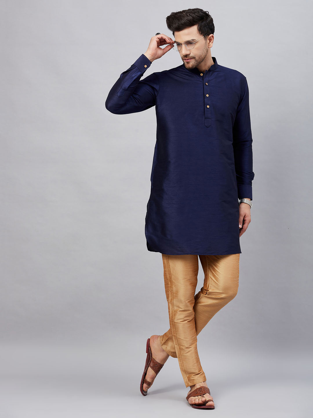 Men's Navy Blue And Rose Gold Cotton Blend Kurta Pyjama Set