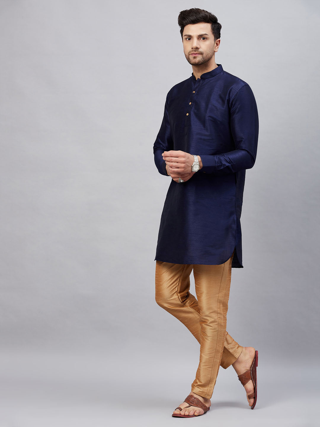 Men's Navy Blue And Rose Gold Cotton Blend Kurta Pyjama Set