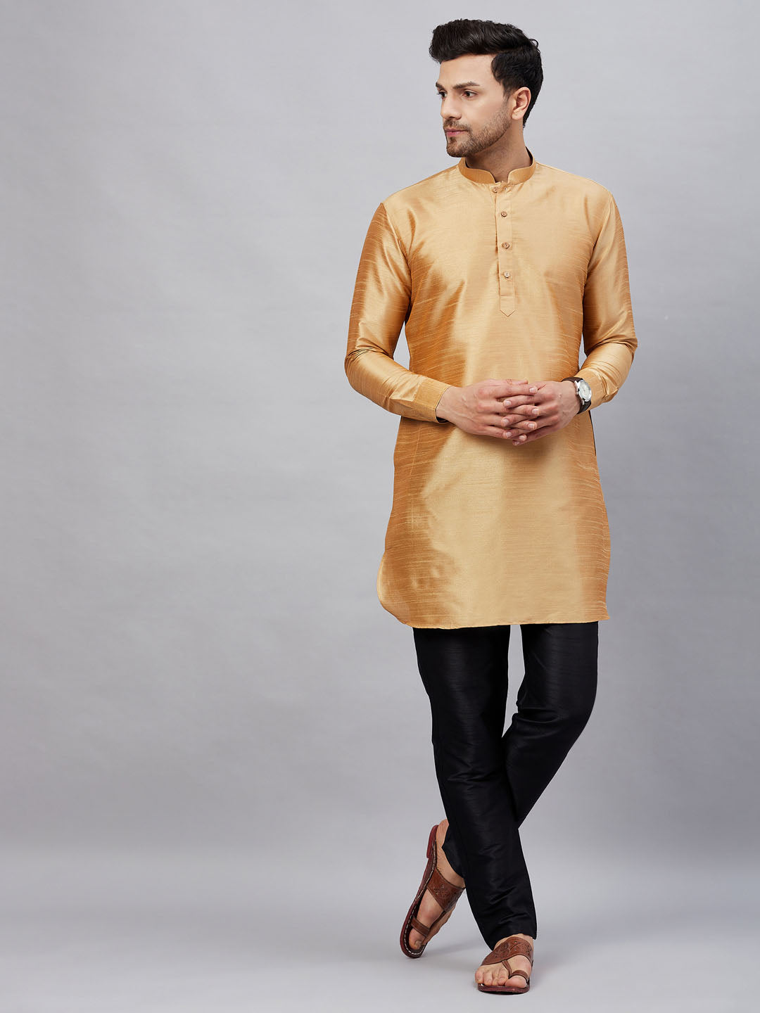 Men's Rose Gold And Black Cotton Blend Kurta Pyjama Set