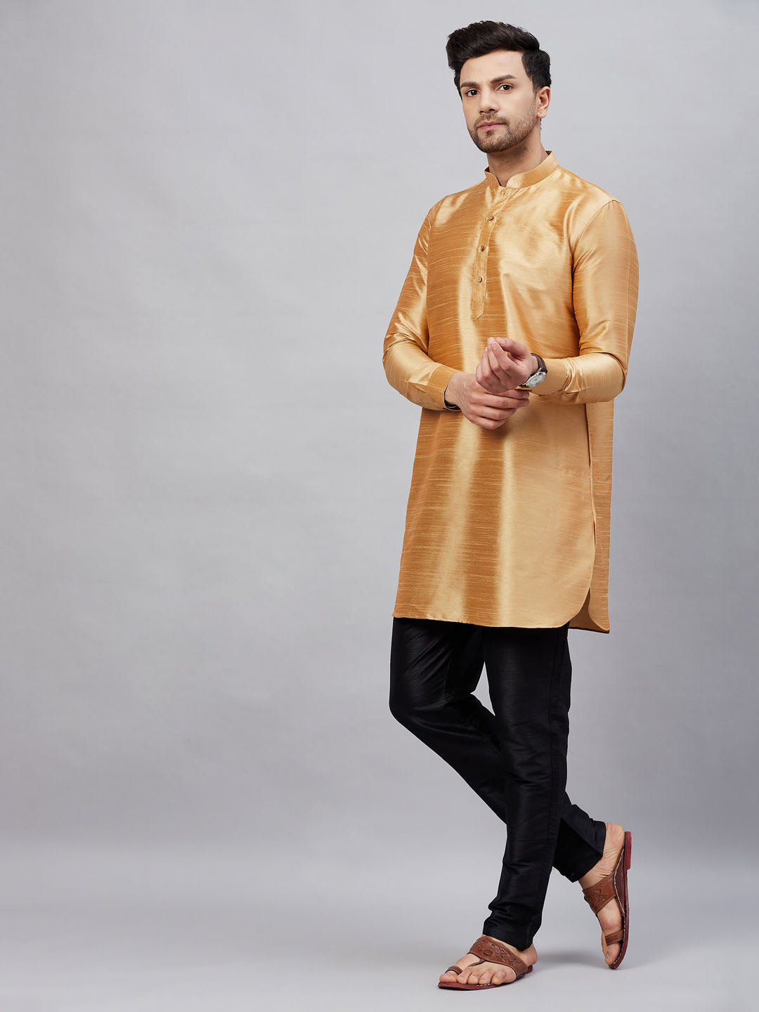 Men's Rose Gold And Black Cotton Blend Kurta Pyjama Set