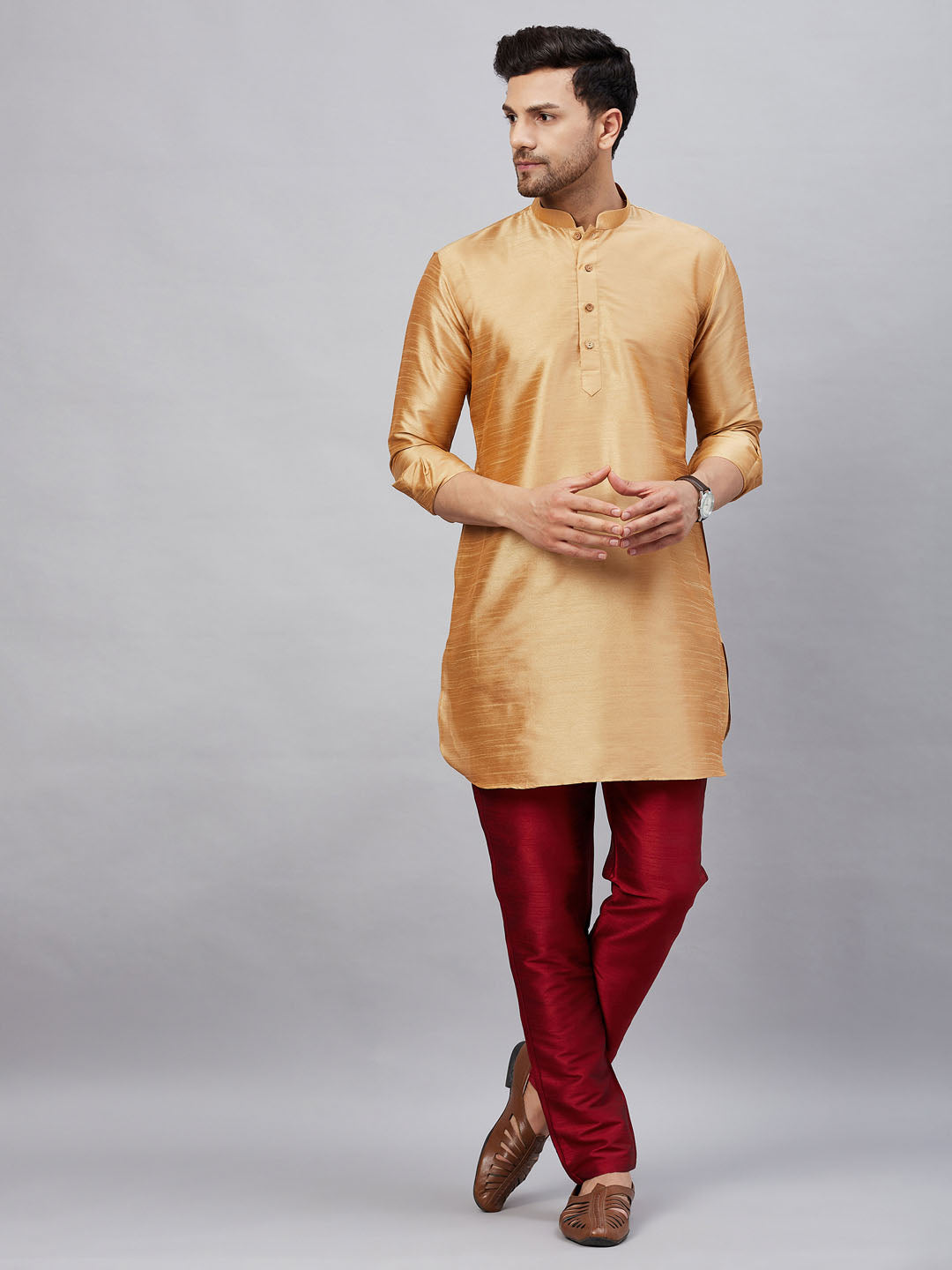 Men's Rose Gold And Maroon Cotton Blend Kurta Pyjama Set